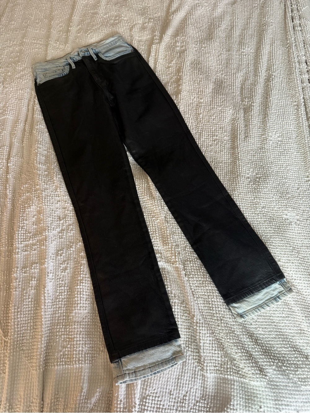 Frame Denim Two-Tone Straight Leg Jeans — Black with Light Blue Waist & Cuffs